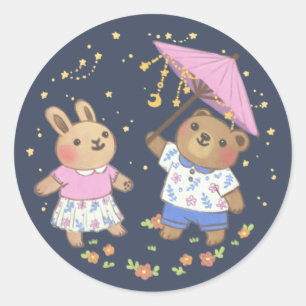 Pegatina Redonda Oso de peluche y conejo bajo el Ilustracion Stars