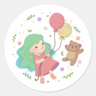 Pegatina Redonda Oso de peluche y Ilustracion Chica