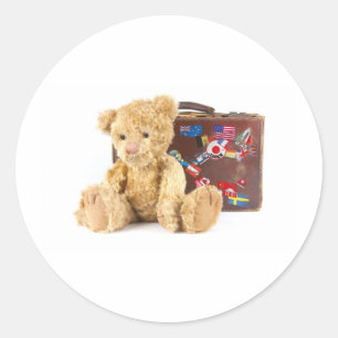 Pegatina Redonda oso de peluche y maleta vieja del vintage con el