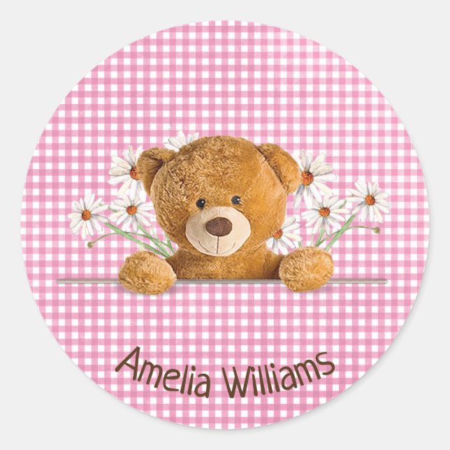 Pegatina Redonda oso de peluche y maricas en gingham (Anverso)