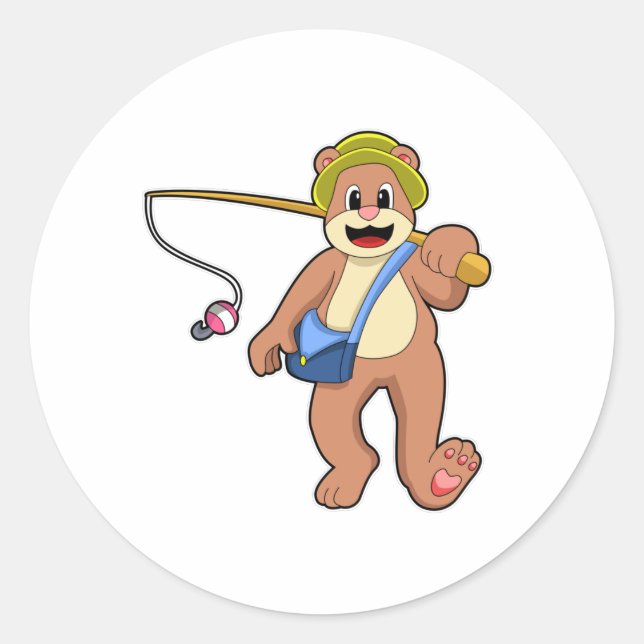 Pegatina Redonda Oso de pescar con barra de pesca (Anverso)