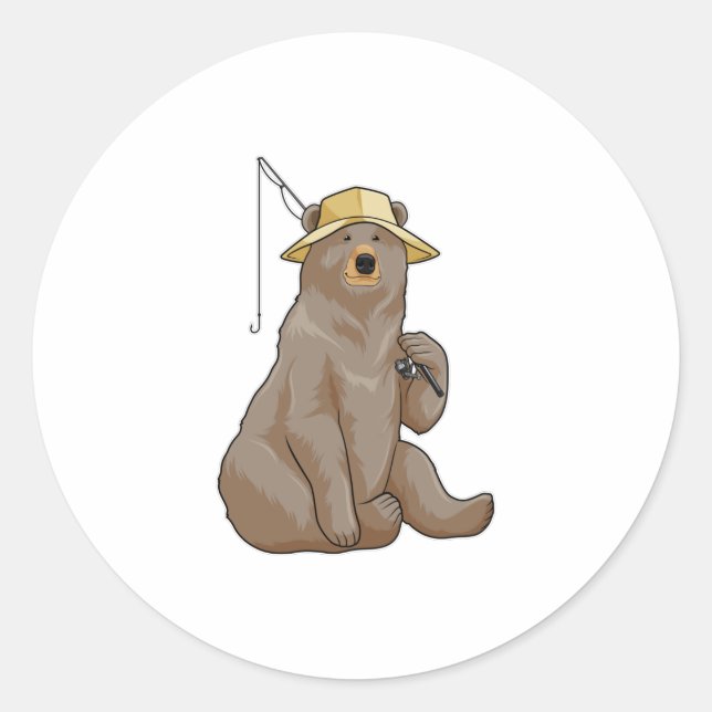 Pegatina Redonda Oso de pescar con barra de pesca (Anverso)
