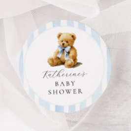 Pegatina Redonda Oso de Rayas Azules Baby Shower