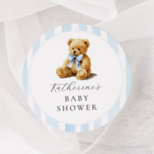 Pegatina Redonda Oso de Rayas Azules Baby Shower