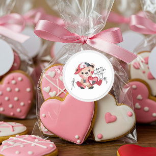 Pegatina Redonda Oso de San Valentín con Gorra