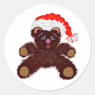 Pegatina Redonda Oso De Teddy Con Sombrero Santa