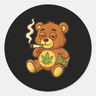 Pegatina Redonda Oso De Teddy Oso Funny Oso Fumador De Alga Con Hoj