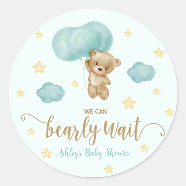 Pegatina Redonda Oso de Teddy y globos azules Baby Shower Favor (Anverso)