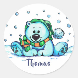 Pegatina Redonda Oso de vacaciones de invierno