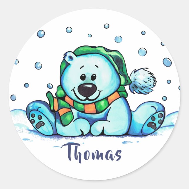 Pegatina Redonda Oso de vacaciones de invierno (Anverso)