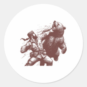Pegatina Redonda Oso divertido hombre golpeando oso retro vintage c