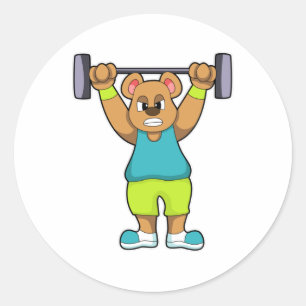 Pegatina Redonda Oso en Bodybuilding con Barbell