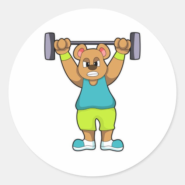 Pegatina Redonda Oso en Bodybuilding con Barbell (Anverso)