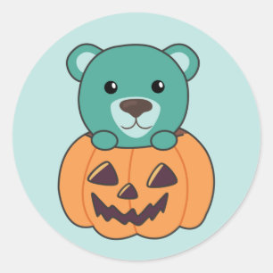 Pegatina Redonda Oso En Calabaza Dulce Osos Feliz Halloween Classi