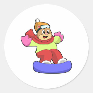 Pegatina Redonda Oso en Snowboard con Snowboard