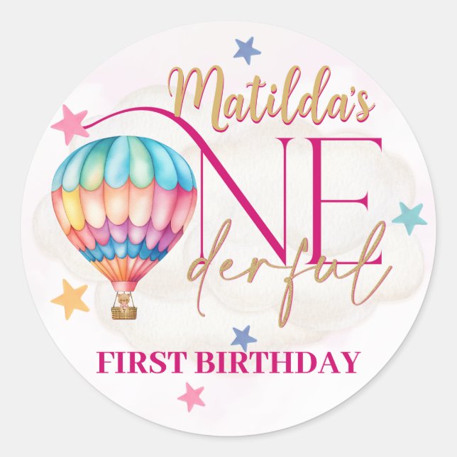 Pegatina Redonda Oso en un globo rosa bebé calcomanías (Anverso)