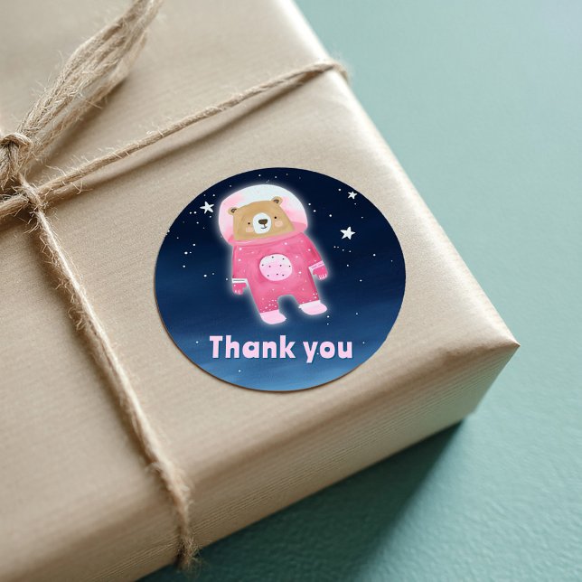 Pegatina Redonda Oso Espacial Rosa Gracias Astronauta (Pink space astronaut teddy bear thank you sticker)
