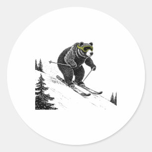 Pegatina Redonda Oso esquí, deportes de invierno divertidos, pendie