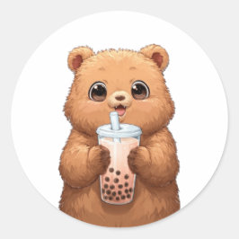 Pegatina Redonda Oso Lindo Bebiendo Té Boba | Kawaii Té de Burbujas