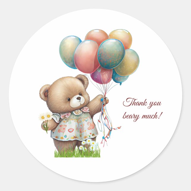 Pegatina Redonda Oso lindo con globos personalizados (Anverso)