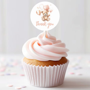 Pegatina Redonda Oso lindo con globos   Rosa del bebé