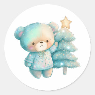 Pegatina Redonda Oso lindo y vacaciones de árbol de Navidad