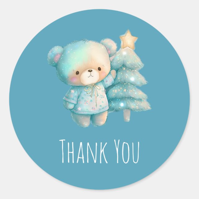 Pegatina Redonda Oso lindo y vacaciones de árbol de Navidad Gracias (Anverso)