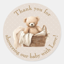 Pegatina Redonda Oso Marrón Neutral Baby Shower Gracias