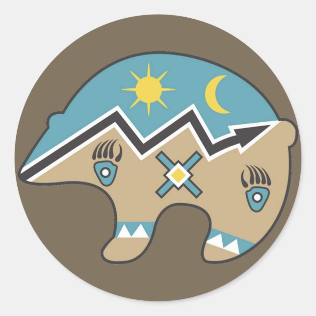 Pegatina Redonda Oso nativo americano, azul, marrón (Anverso)