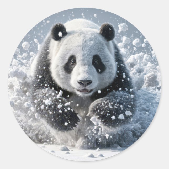 Pegatina Redonda Oso Panda Corriendo En Nieve (Anverso)