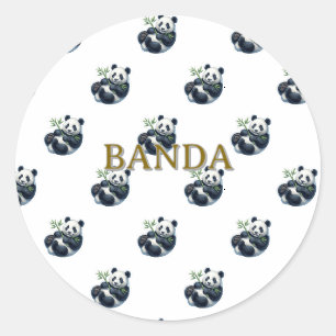 Pegatina Redonda Oso Panda Cute de Acuarela Sosteniendo Vinilo de B
