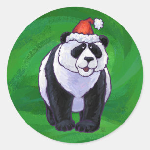 Pegatina Redonda Oso Panda en Santa Hat en Green
