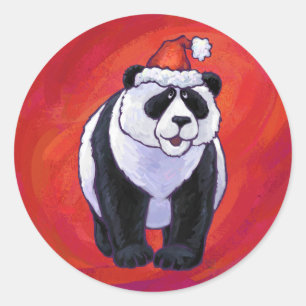 Pegatina Redonda Oso Panda en Santa Hat en rojo