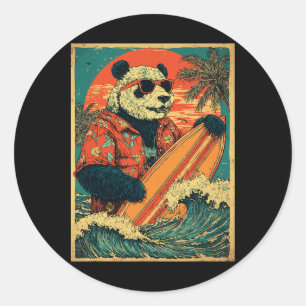 Pegatina Redonda Oso Panda Retro Surfista Animal Hawaiano Playa