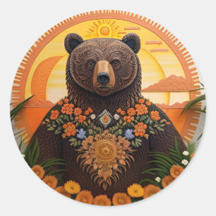 Pegatina Redonda 🐻 Oso Pardo Floral Naturaleza Amantes de Animales