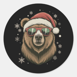Pegatina Redonda Oso Pardo Gorro de Santa Divertido Amante de Anima