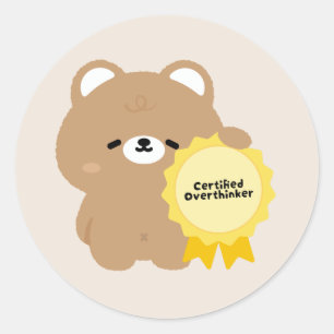 Pegatina Redonda Oso Pardo Pensador Excesivo Certificado