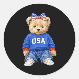Pegatina Redonda Oso patriótico lindo usa 4 de julio americano