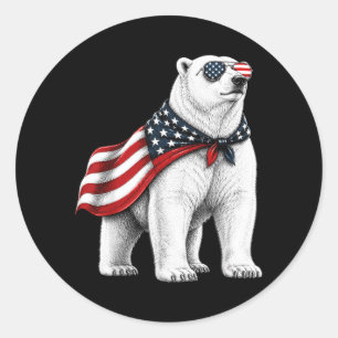 Pegatina Redonda Oso Polar 4 De Julio Bandera Estadounidense Patrió
