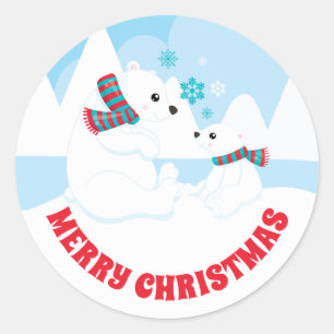 Pegatina Redonda Oso Polar Adorable Mamá y Bebé Feliz Navidad