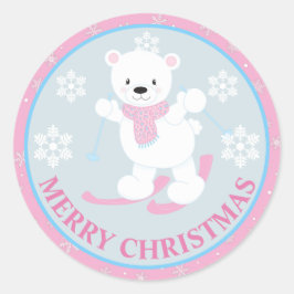 Pegatina Redonda Oso Polar Adorable y Copos de Nieve Navidad Rosa