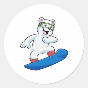 Pegatina Redonda Oso polar como snowboard con Snowboard