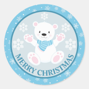 Pegatina Redonda Oso Polar de Invierno Azul y Copos de Nieve Navida