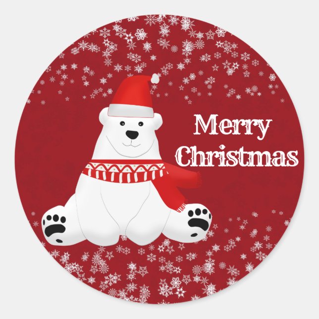 Pegatina Redonda Oso Polar De Invierno Copos De Nieve Fiesta De Art (Anverso)