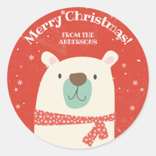 Pegatina Redonda Oso Polar de Navidad Personalizado