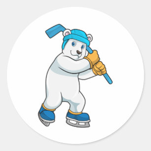 Pegatina Redonda Oso polar en hockey sobre hielo con bastón de hock