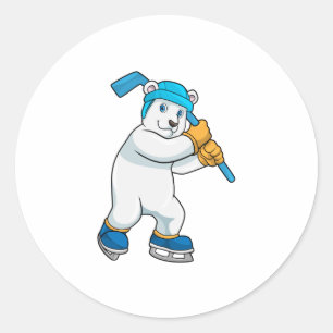 Pegatina Redonda Oso polar en hockey sobre hielo con palo