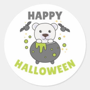 Pegatina Redonda Oso Polar Feliz Halloween Cauldron Bat Classic Ro