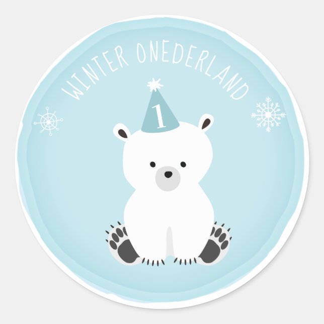 Pegatina Redonda Oso Polar Invierno Onederland Blue Birday (Anverso)