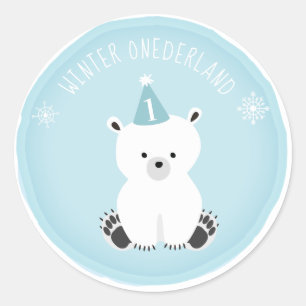 Pegatina Redonda Oso Polar Invierno Onederland Blue Birday